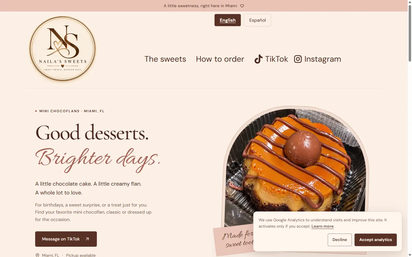Naila's Sweets desktop website showing dessert photos and ordering information