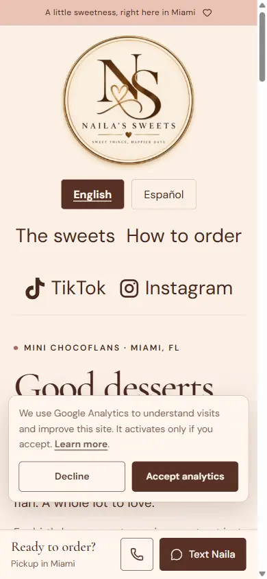 Naila's Sweets mobile website with a How to order shortcut